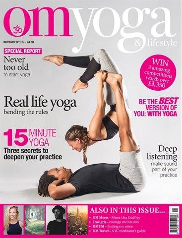 OM Yoga and Lifestyle cover, November 2017, featuring Pip in an acroyoga pose