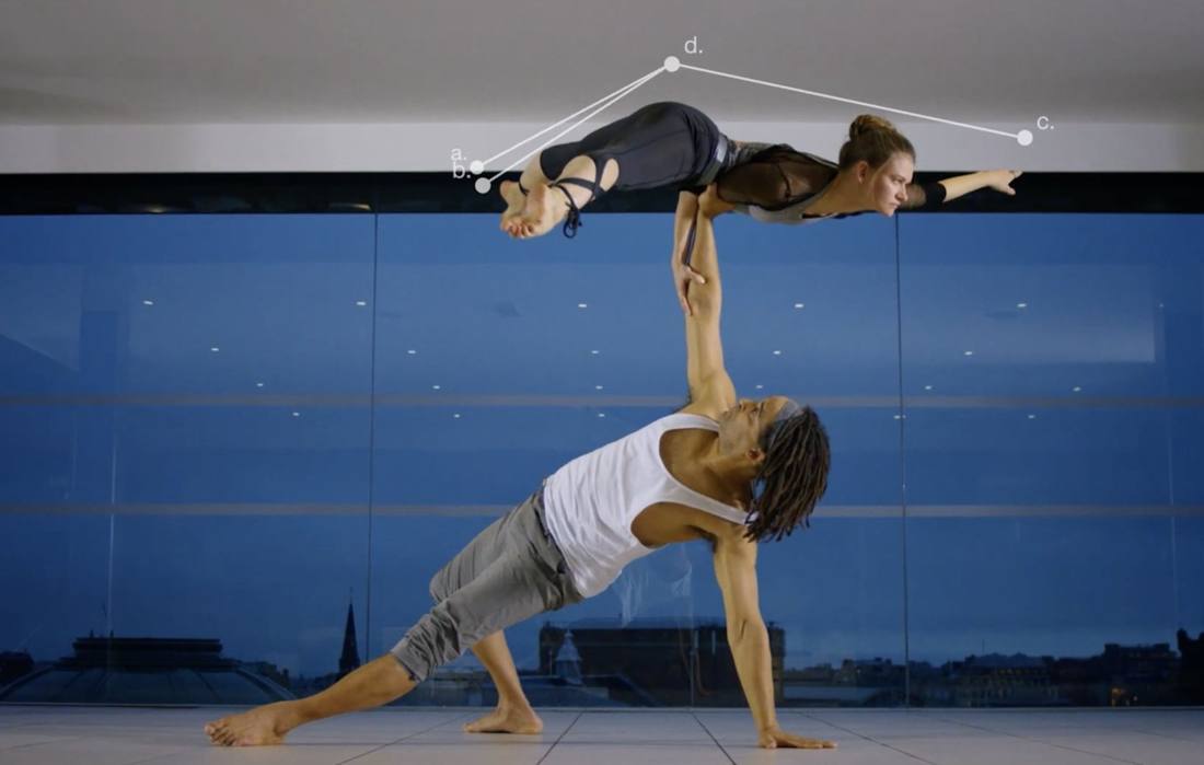 Pip balanced in the air on her partner&rsquo;s hand in the Trow advert