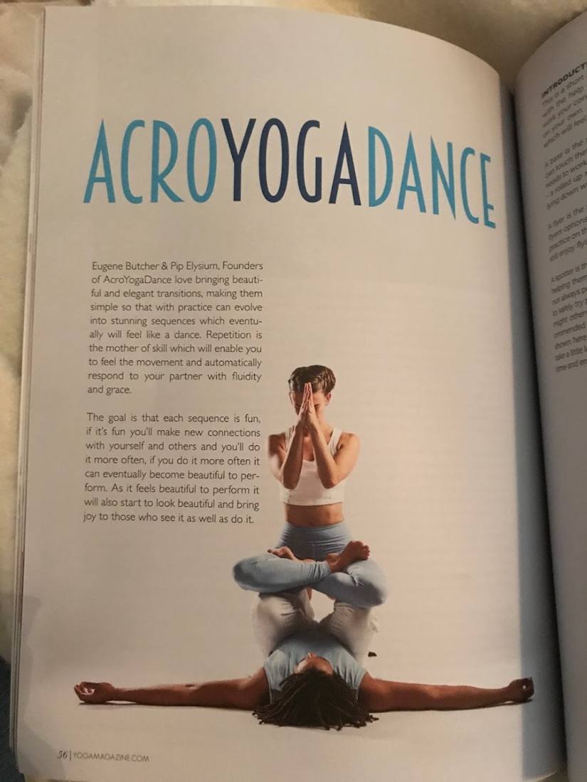 Yoga Magazine page introducing AcroYogaDance, with Pip in a seated acroyoga pose